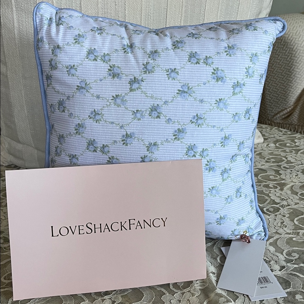 LoveShackFancy Light Blue Floral print Linen Throw Pillow ( MISTY LACE)